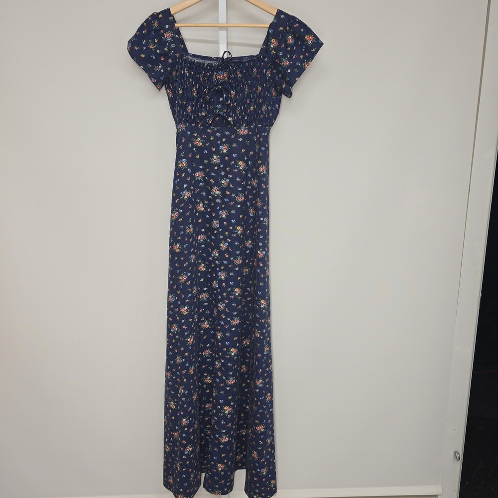 Navy Blue Floral Smocked Milkmaid Maxi Dress Square Neck Cap Sleeve Cottagecore